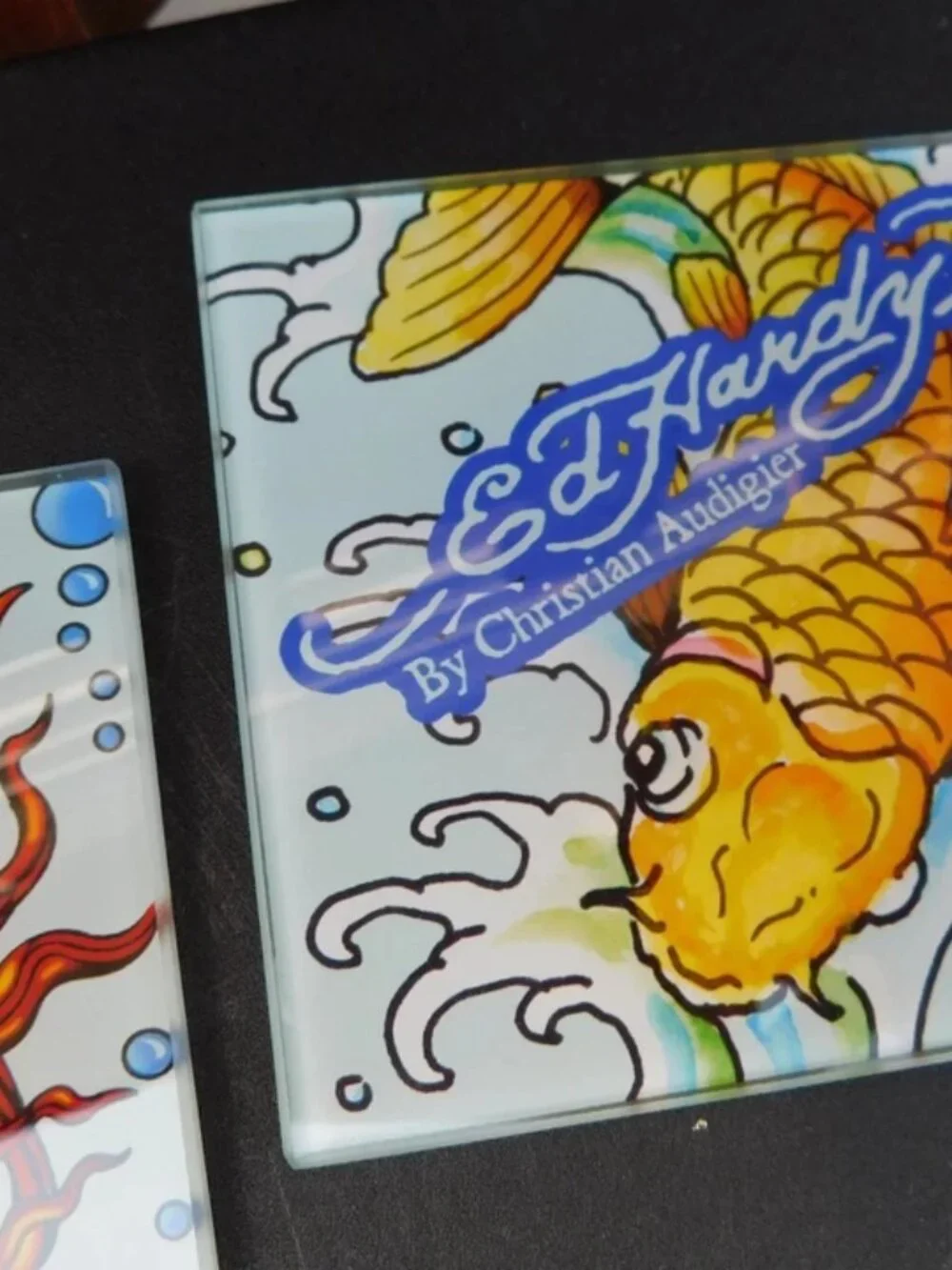 Set of 4 Ed Hardy By Christian Audigier Glass Coasters 4x 4” Koi Fish Mermaid